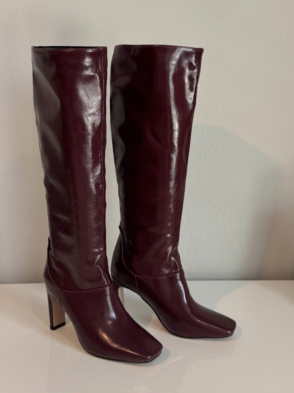 COMMENSE High-Heel Square Toe Knee-High Boots Burgundy EU 36